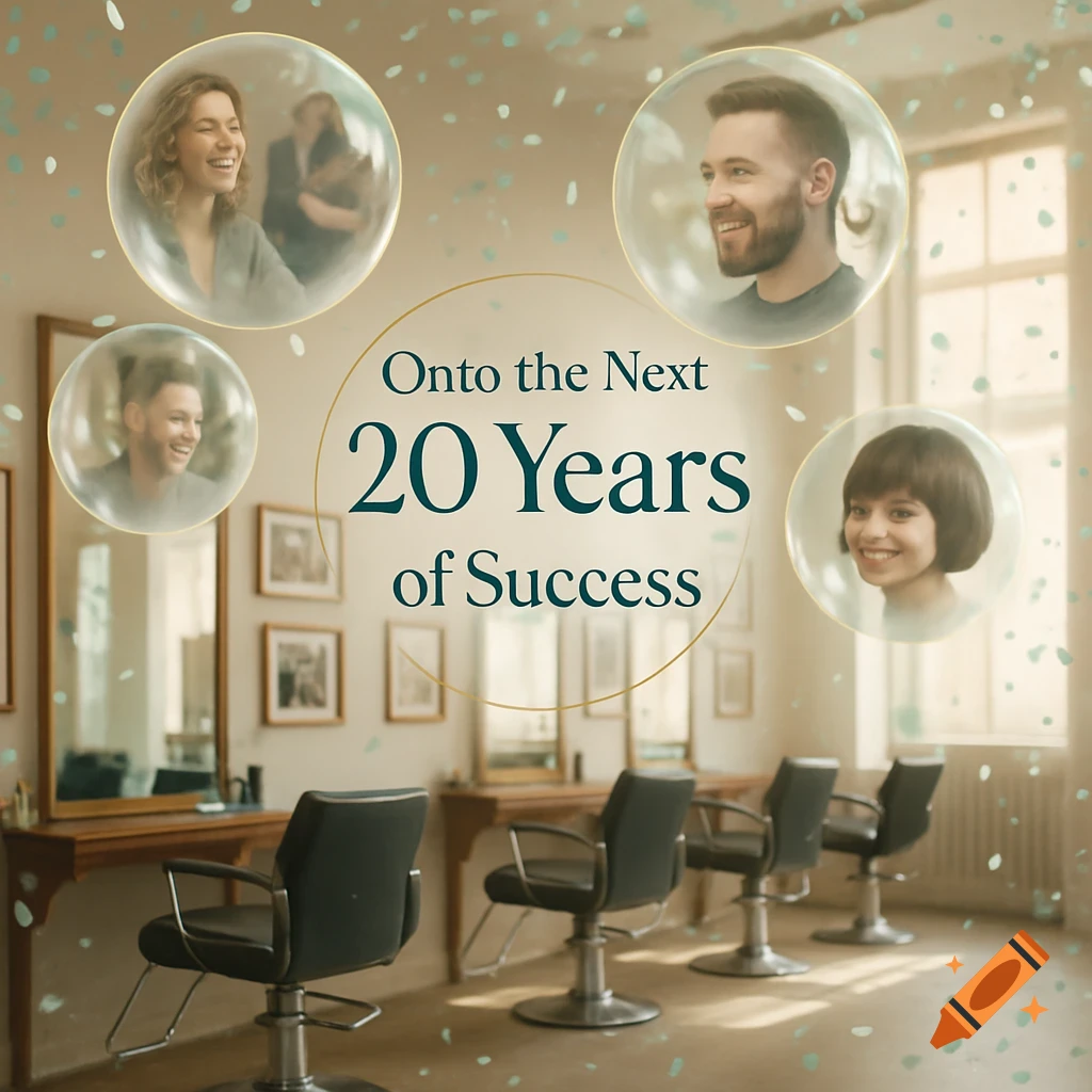 A bright hair salon with four portraits of smiling people in bubbles, surrounded by confetti, and text saying 'Onto the Next 20 Years of Success'.