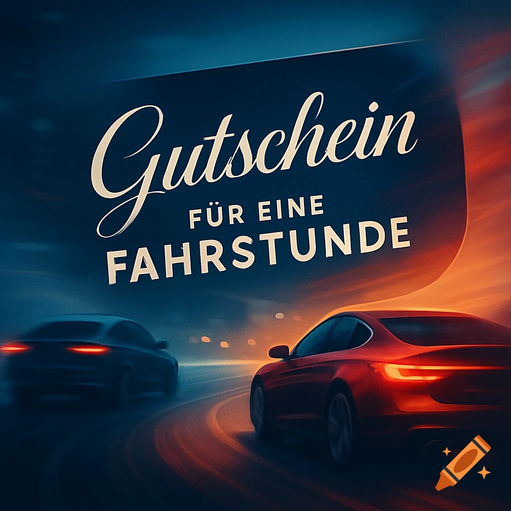 Stylized voucher with text "Gutschein FÜR EINE FAHRSTUNDE" above two cars driving on a road at dusk.