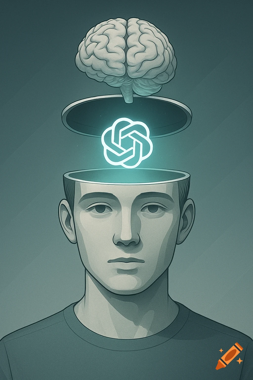 A stylized illustration of a human head with an open top, a brain floating above, and a glowing ChatGPT logo inside.