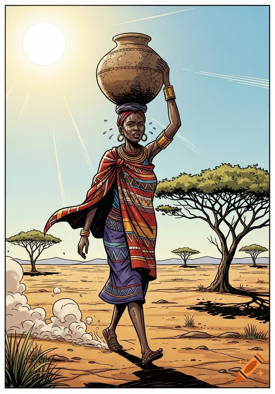 Comic book illustration of an African woman carrying a large pot on her head across a hot, dry desert landscape with acacia trees.
