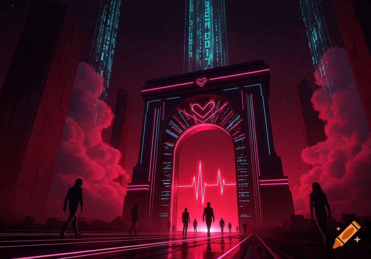 Synthwave cityscape with silhouetted figures walking towards a neon archway featuring a heart and heartbeat graphic.