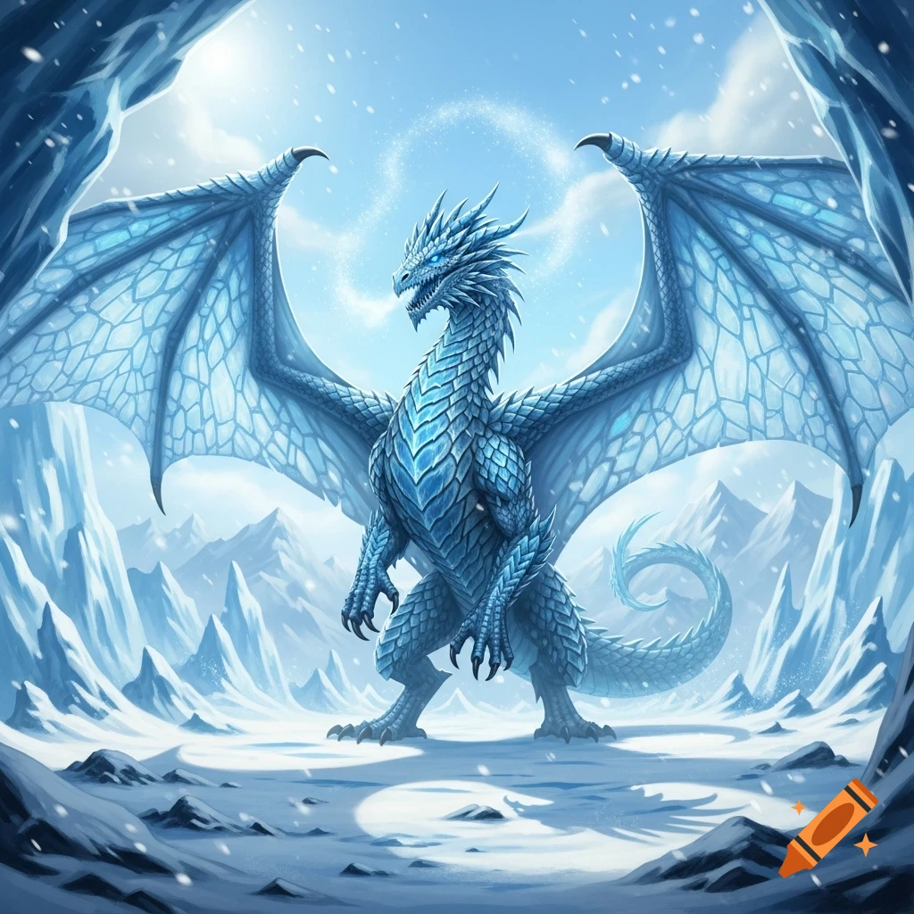 Majestic blue ice dragon with large wings stands in a snowy cavern, icy mountains in background, digital fantasy art.