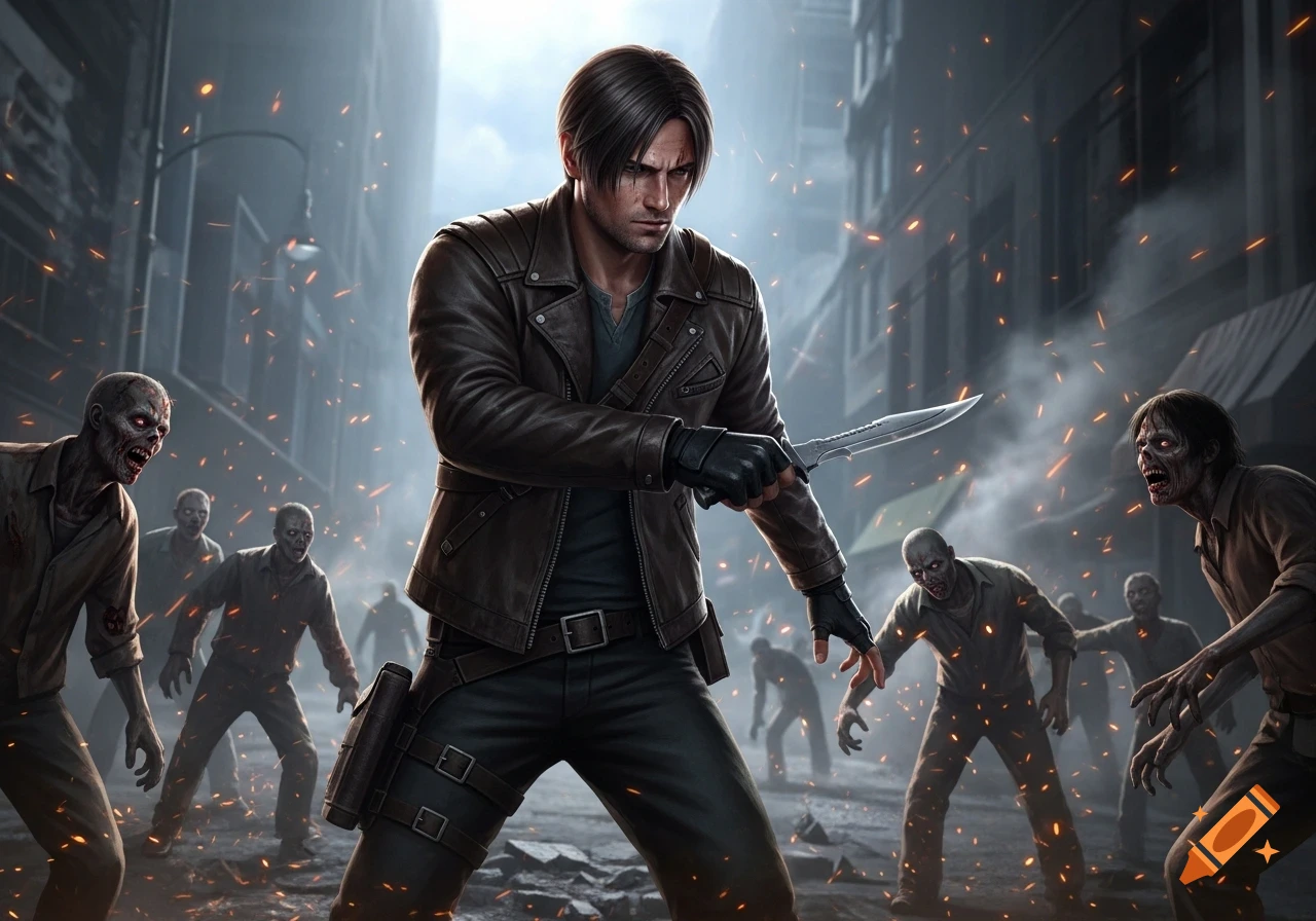 A determined man, resembling Leon S. Kennedy, wields a knife against a horde of zombies in a gritty, debris-filled city street.