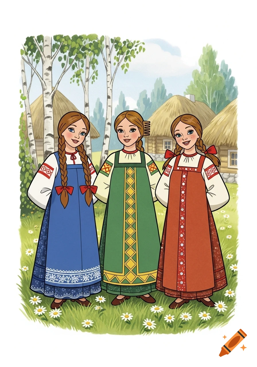 Three cartoon girls in traditional Russian folk dresses stand in a meadow with birch trees and cottages in the background.