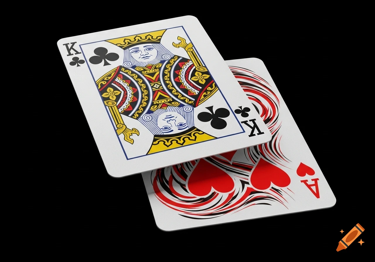 Two playing cards, a King of Clubs and a stylized Ace of Hearts, overlapping on a black background.