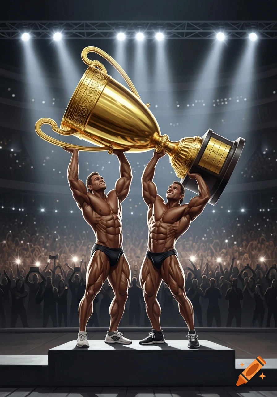 Two muscular bodybuilders on a stage, cheered by a crowd, triumphantly lift a giant golden trophy under stadium lights.