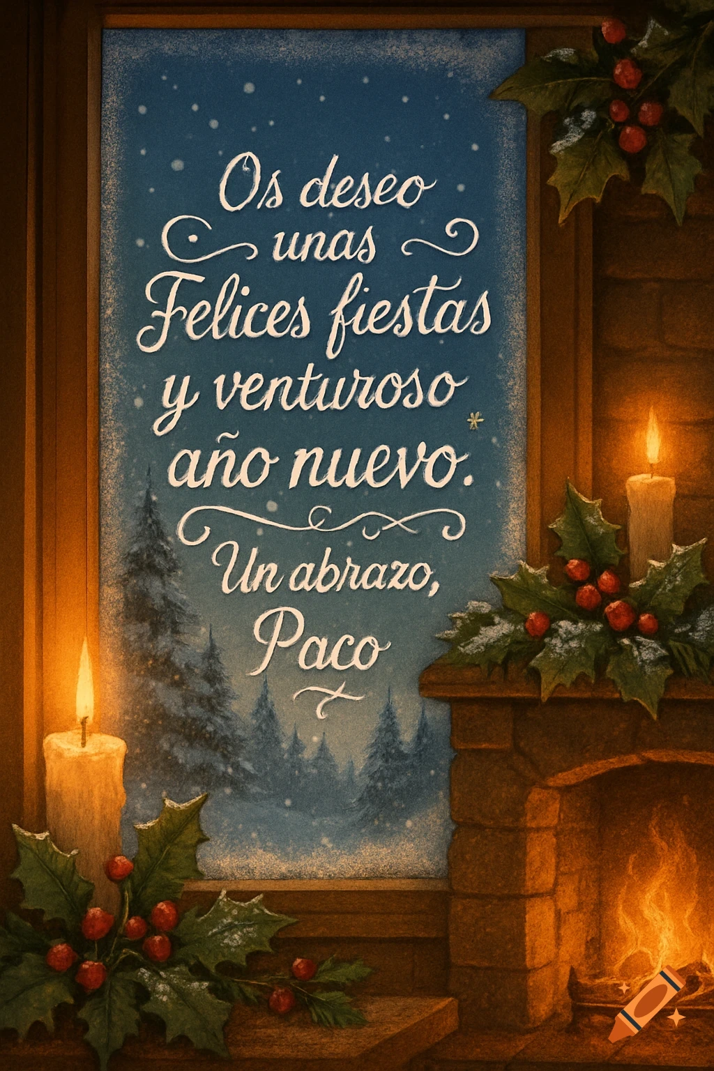 A cozy Christmas greeting card with a fireplace, candles, holly, and handwritten Spanish text on a snowy window.