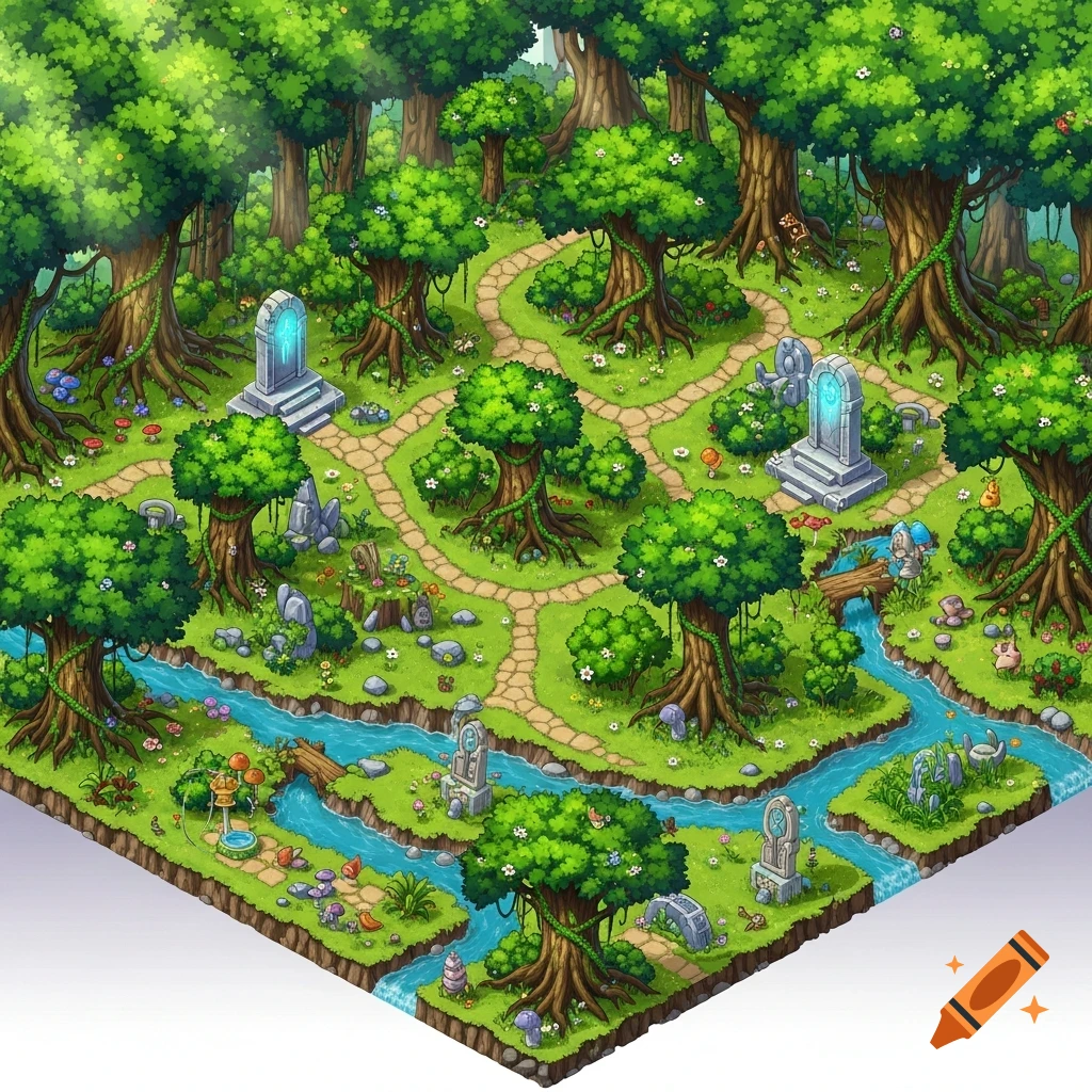 Isometric anime-style fantasy forest map with winding paths, rivers, trees, and glowing ancient altars.