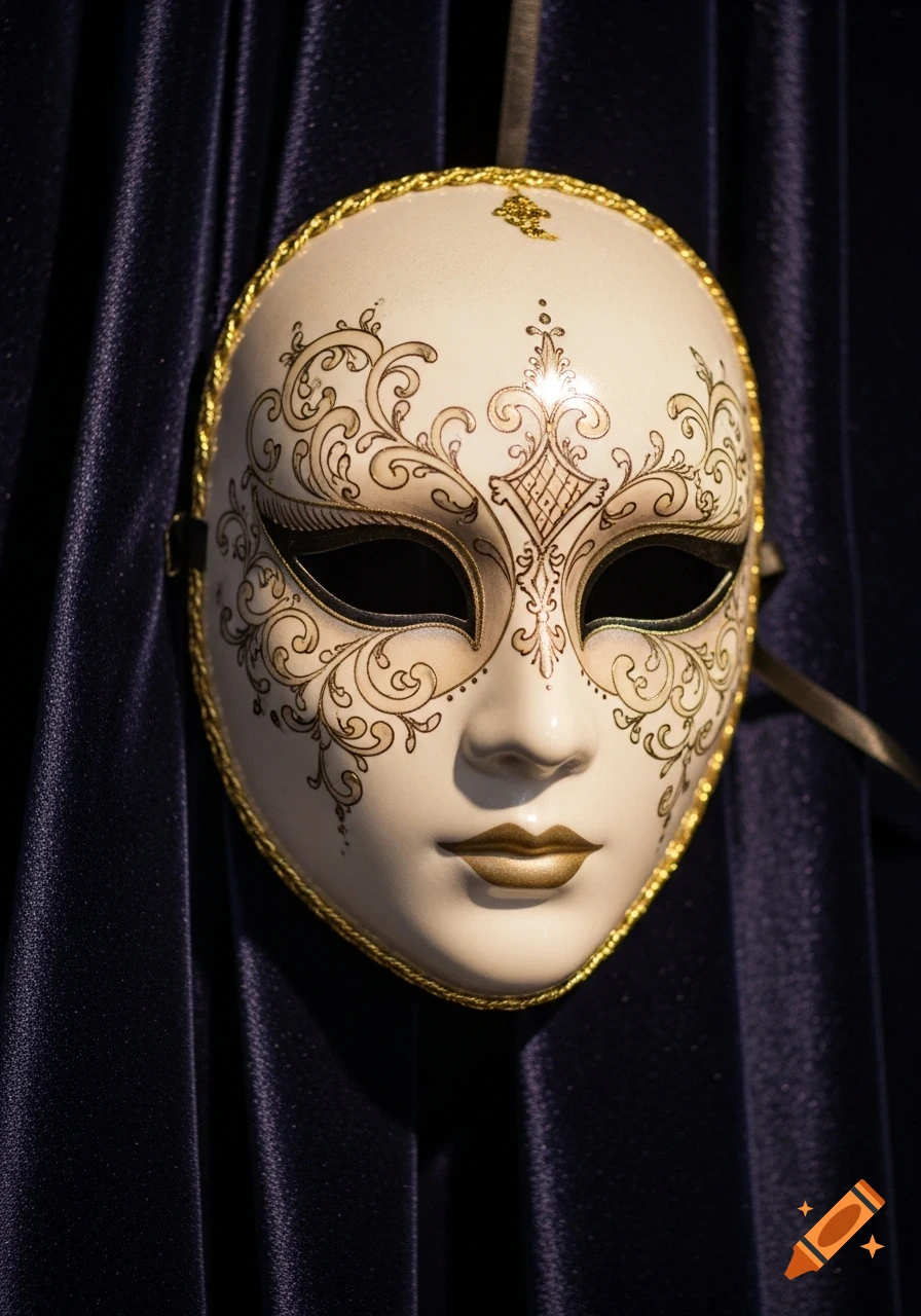 A white porcelain mask with intricate gold scrollwork and golden lips, framed by dark blue draped fabric.