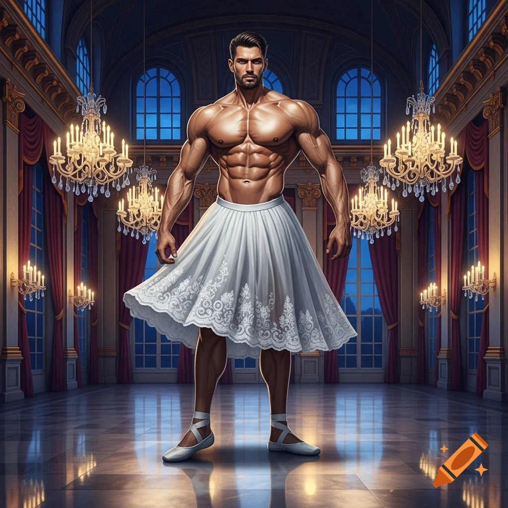 Muscular man in a white ballet skirt and pointe shoes stands in a grand ballroom with chandeliers.