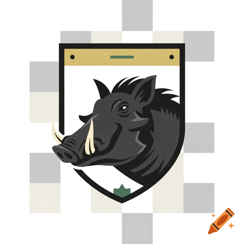 Stylized illustration of a black warthog head in a shield-shaped coat of arms on a checkered background.