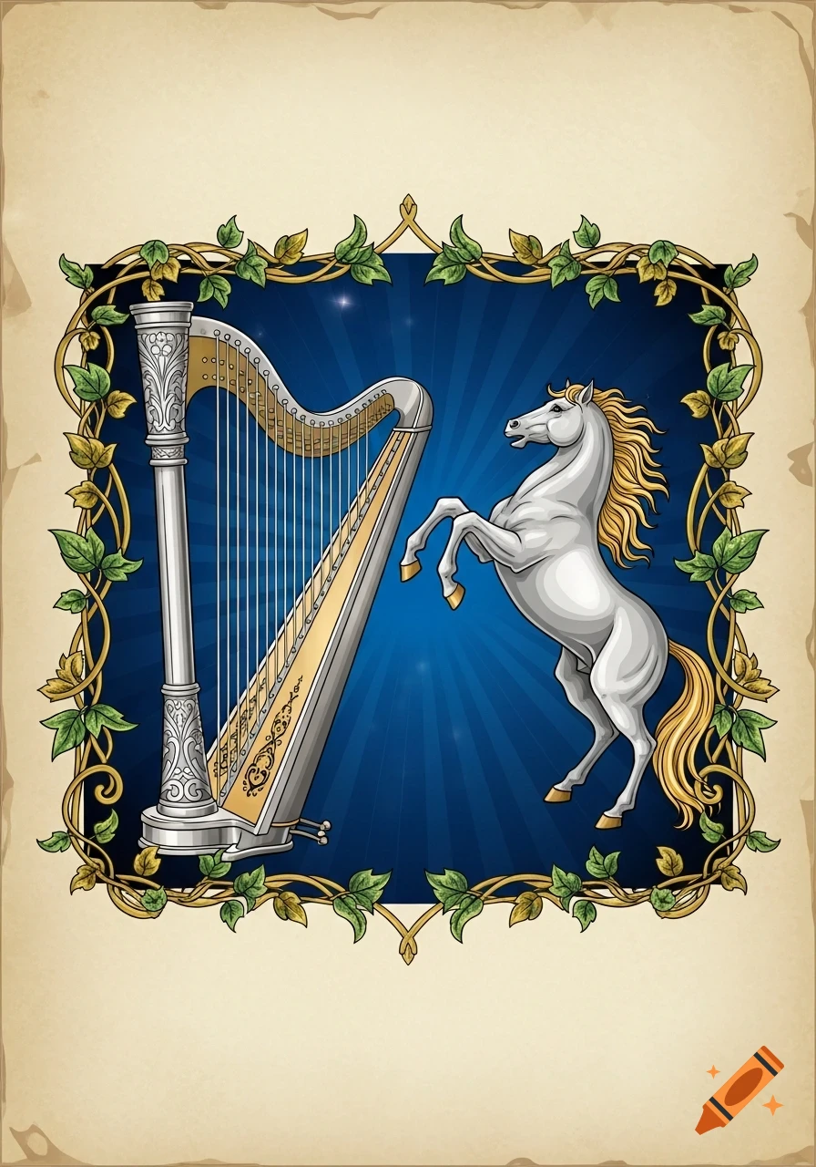 A stylized illustration of a silver harp and a white rearing horse on a blue background, framed by green leaves and set on a parchment-like scroll.