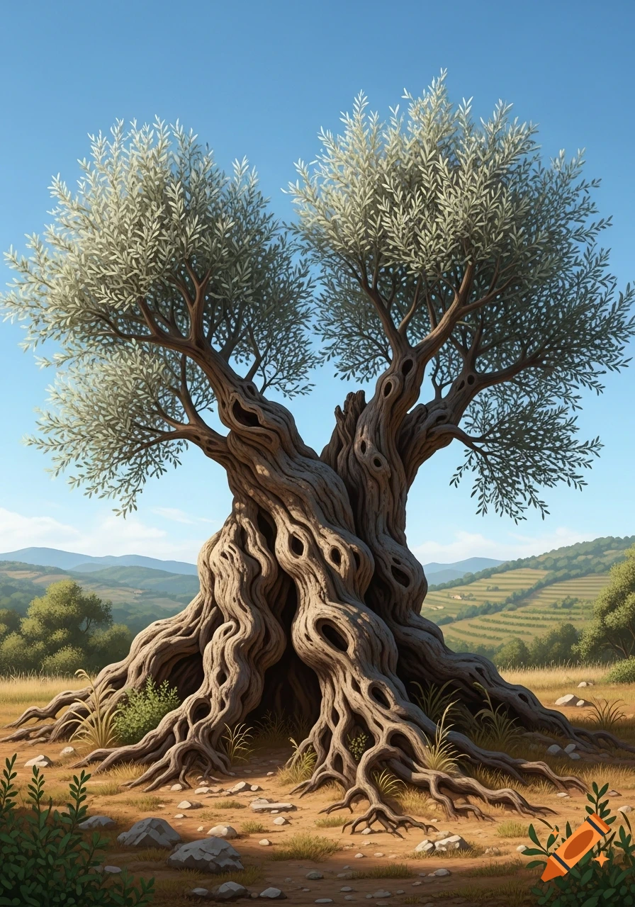 A gnarled olive tree with sprawling roots and silver-green leaves stands in a sunny, rolling landscape with distant hills.