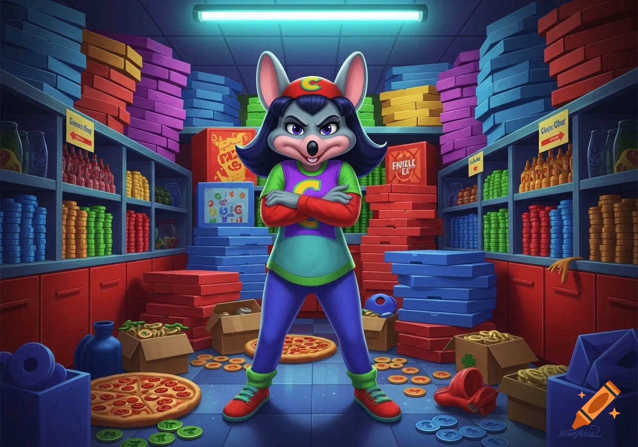 A cartoon illustration of a stern, female Chuck E. Cheese-like mouse character with arms crossed, standing in a cluttered storage room filled with colorful boxes, shelves of items, pizzas, and arcade tokens.