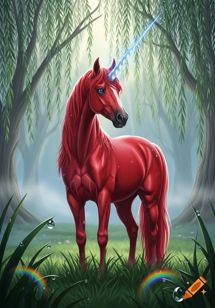 A vibrant red unicorn with a glowing blue horn stands in a misty forest with willow trees and dewy grass.