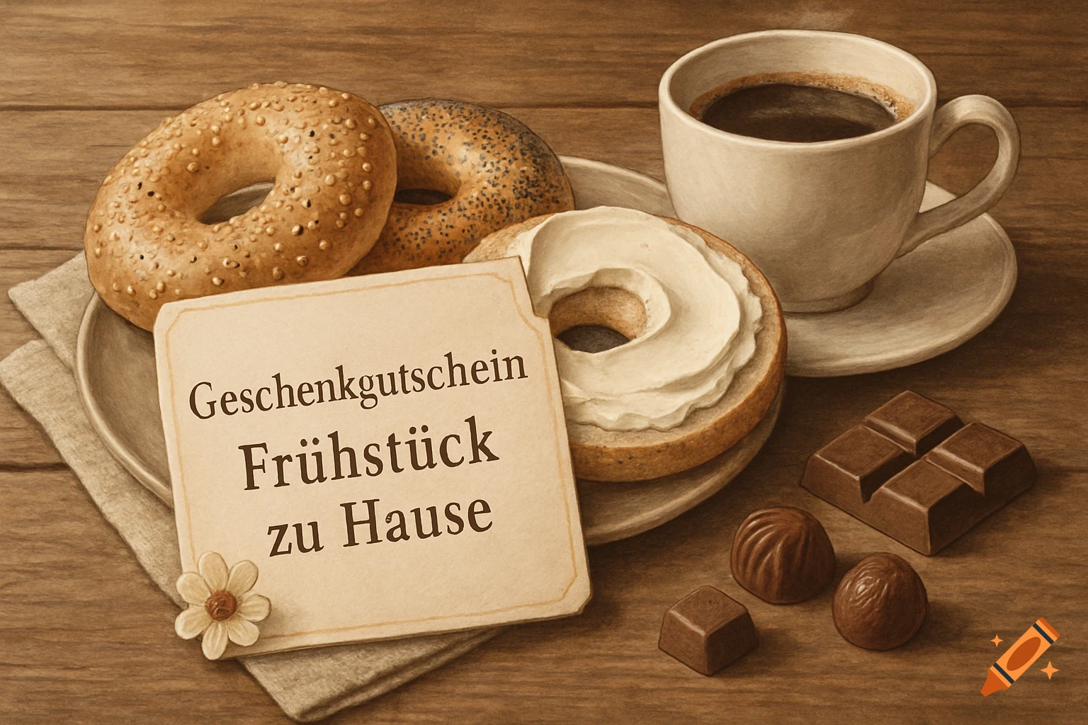 An illustration of bagels with cream cheese, coffee, chocolates, and a gift voucher on a wooden table, in a cozy style.