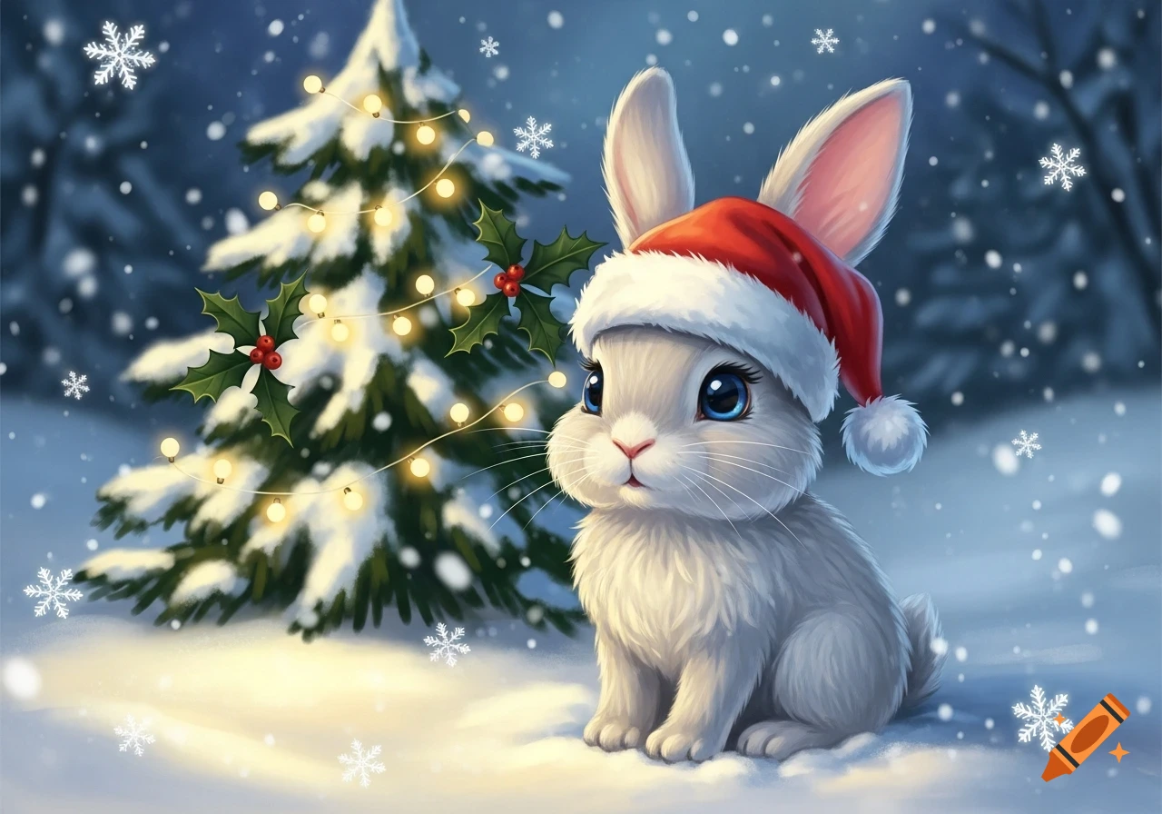 A cute white bunny in a Santa hat sits in the snow next to a decorated ...