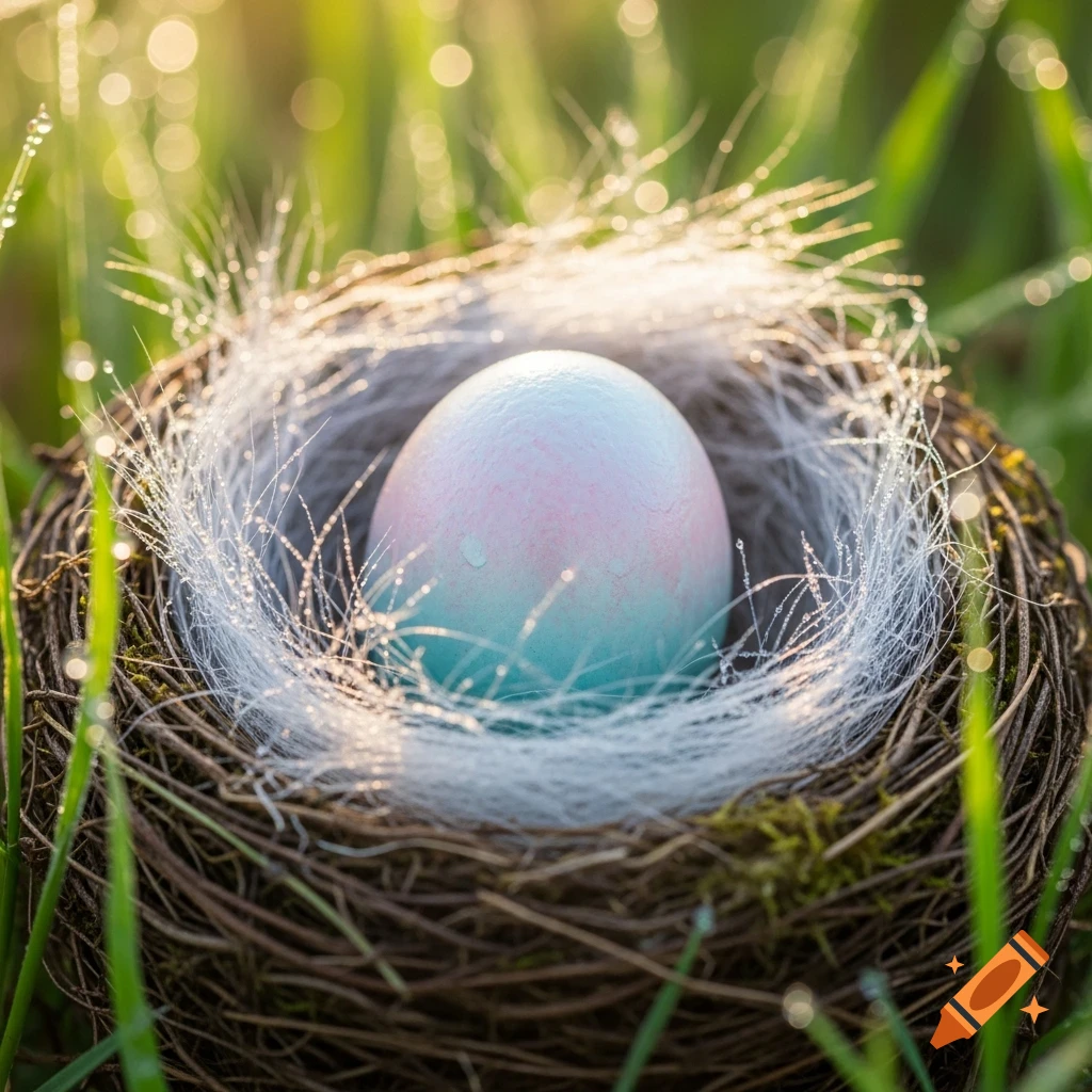 A pastel pink and blue egg rests in a dewy bird's nest surrounded by sparkling green grass.