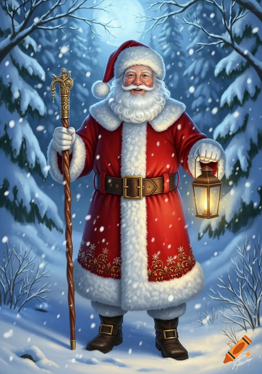 Illustrated Santa Claus in a red suit, holding a staff and lantern, standing in a snowy forest under a full moon.