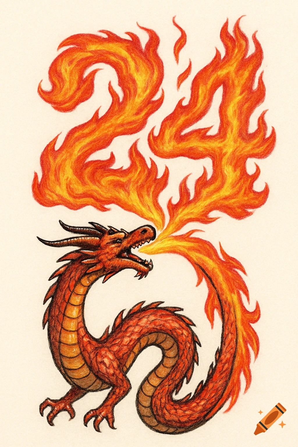 Hand-drawn illustration of a red dragon breathing fire, with the flames forming the number 24 on a white background.