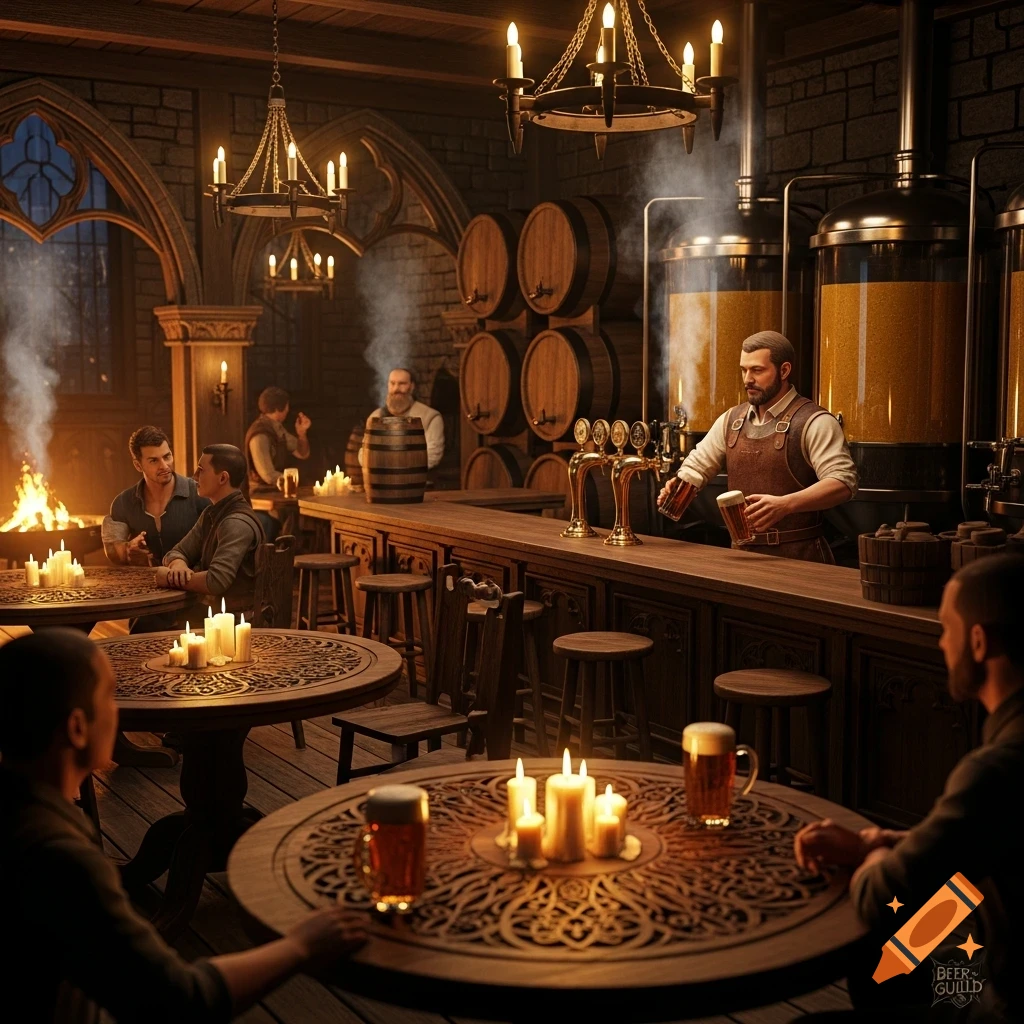A warm, candlelit medieval-style brewery interior with patrons enjoying beer, a bartender serving, and large brewing vats.