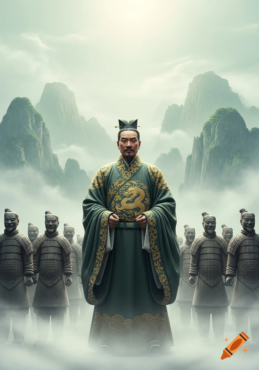 A dignified Chinese emperor in green robes stands before a misty mountainous landscape, flanked by clay soldiers.