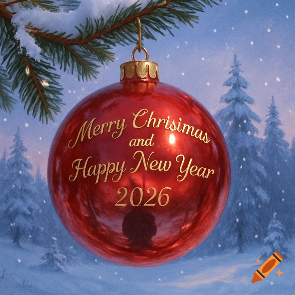 A shiny red Christmas bauble with 'Merry Christmas and Happy New Year 2026' text, hanging from a snowy pine branch against a winter forest.