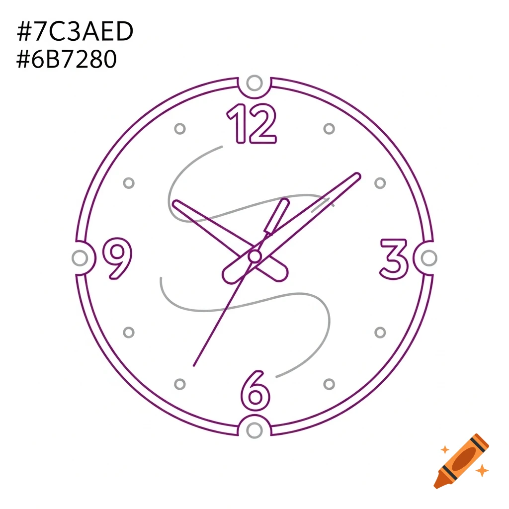 Minimalist clock outline in purple with numbers 12, 3, 6, 9. The purple hands form a subtle 'S' shape, with small grey dots marking hours.