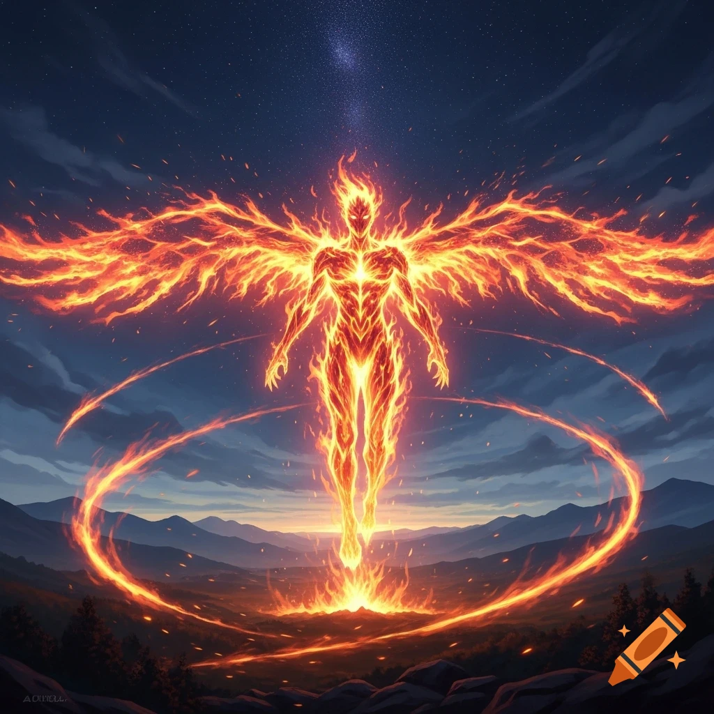 A majestic fiery winged humanoid figure stands over a dark landscape under a starry night sky.