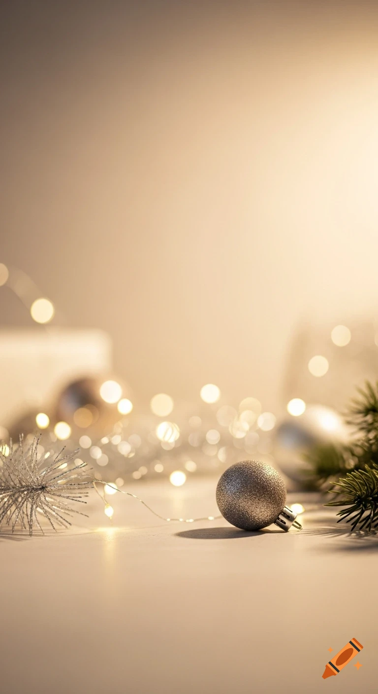 A minimalist Christmas background with soft golden bokeh lights, silver ornaments, and a frosted pine branch on a light surface.