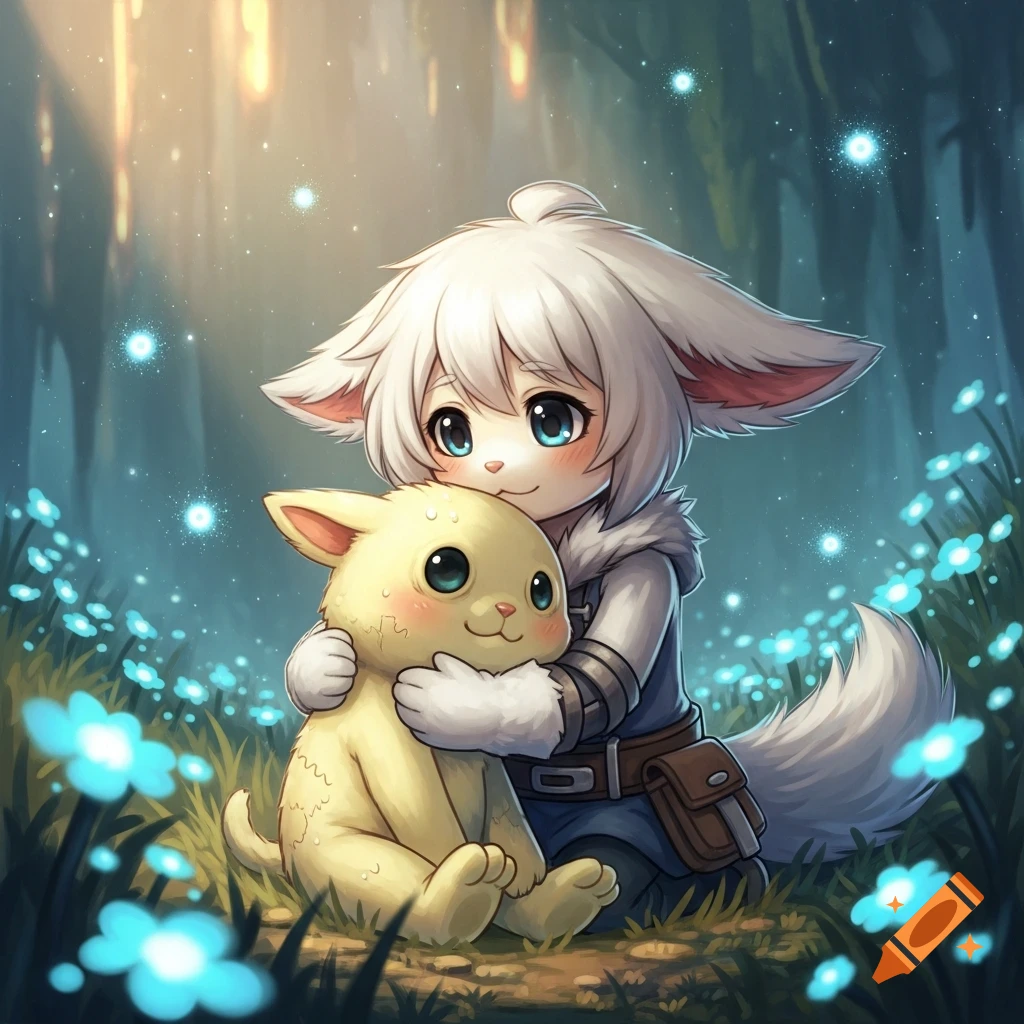 White-furred anime character Nanachi with large ears hugs yellow creature Mitty in a magical forest with glowing blue flowers.