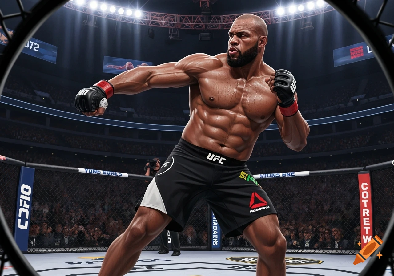 Muscular bald male UFC fighter in black shorts and gloves poses in a brightly lit arena octagon with spectators.