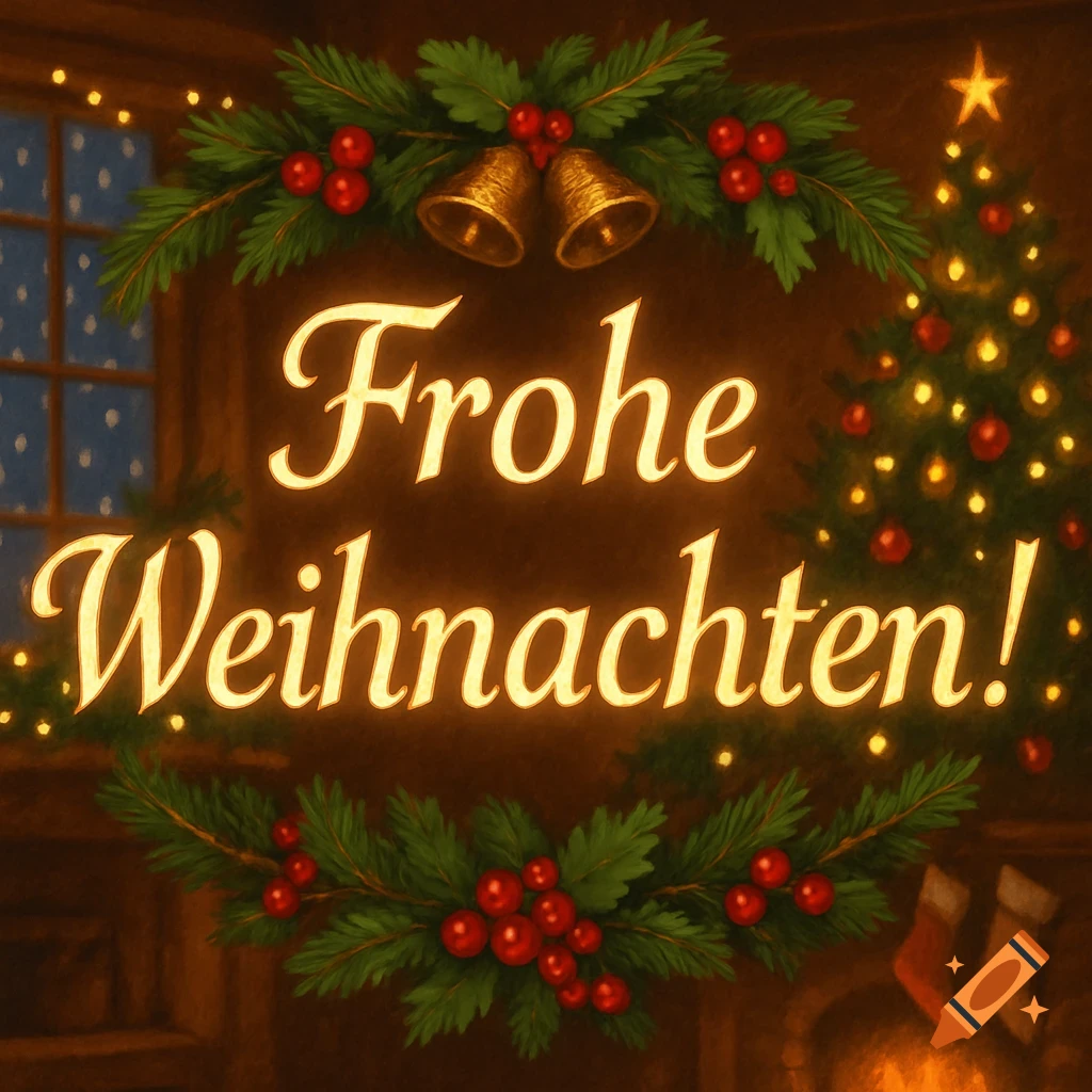 A festive Christmas scene with a wreath, bells, and a glowing 'Frohe Weihnachten!' text, a decorated tree, and a fireplace.
