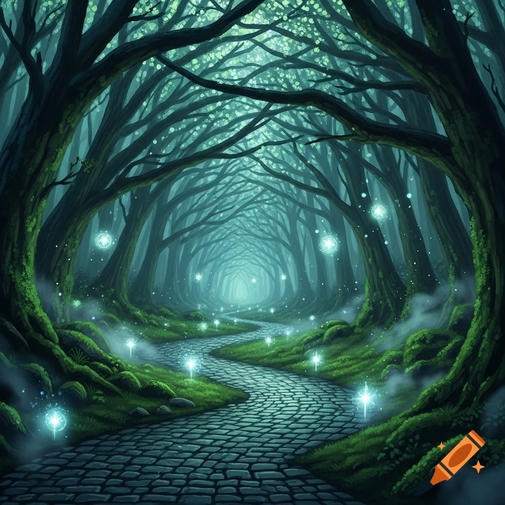 A winding cobblestone path through a dark, enchanted forest with glowing light orbs and misty ground.