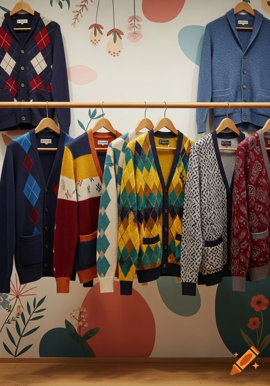 A rail of colorful men's argyle and patterned cardigans and sweaters on hangers against a whimsical floral wall, photorealistic.