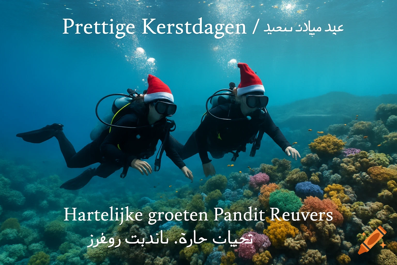 Two scuba divers wearing Santa hats swim over a vibrant coral reef in clear blue ocean water, with holiday greetings in Dutch and Arabic.