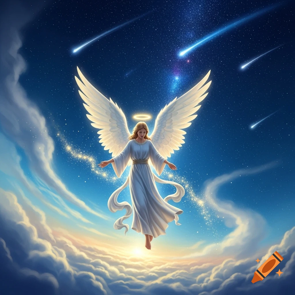 A beautiful angel with large white wings and a halo floats above clouds against a starry night sky with shooting stars.