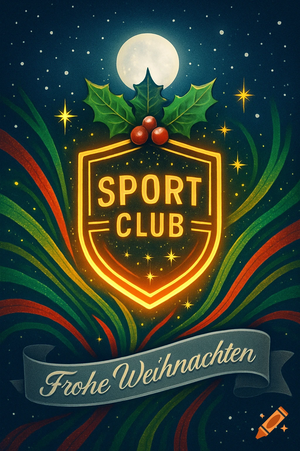Illustration of a sports club Christmas card with a glowing "SPORT CLUB" logo, holly, full moon, stars, and a banner reading "Frohe Weihnachten".
