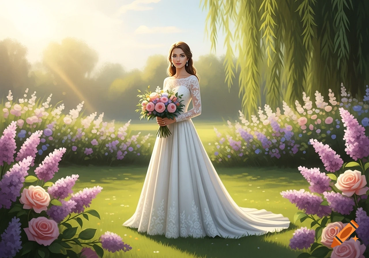 A digital painting of a bride in a white wedding gown, holding a pink floral bouquet in a sunlit garden with purple and pink flowers and a willow tree.