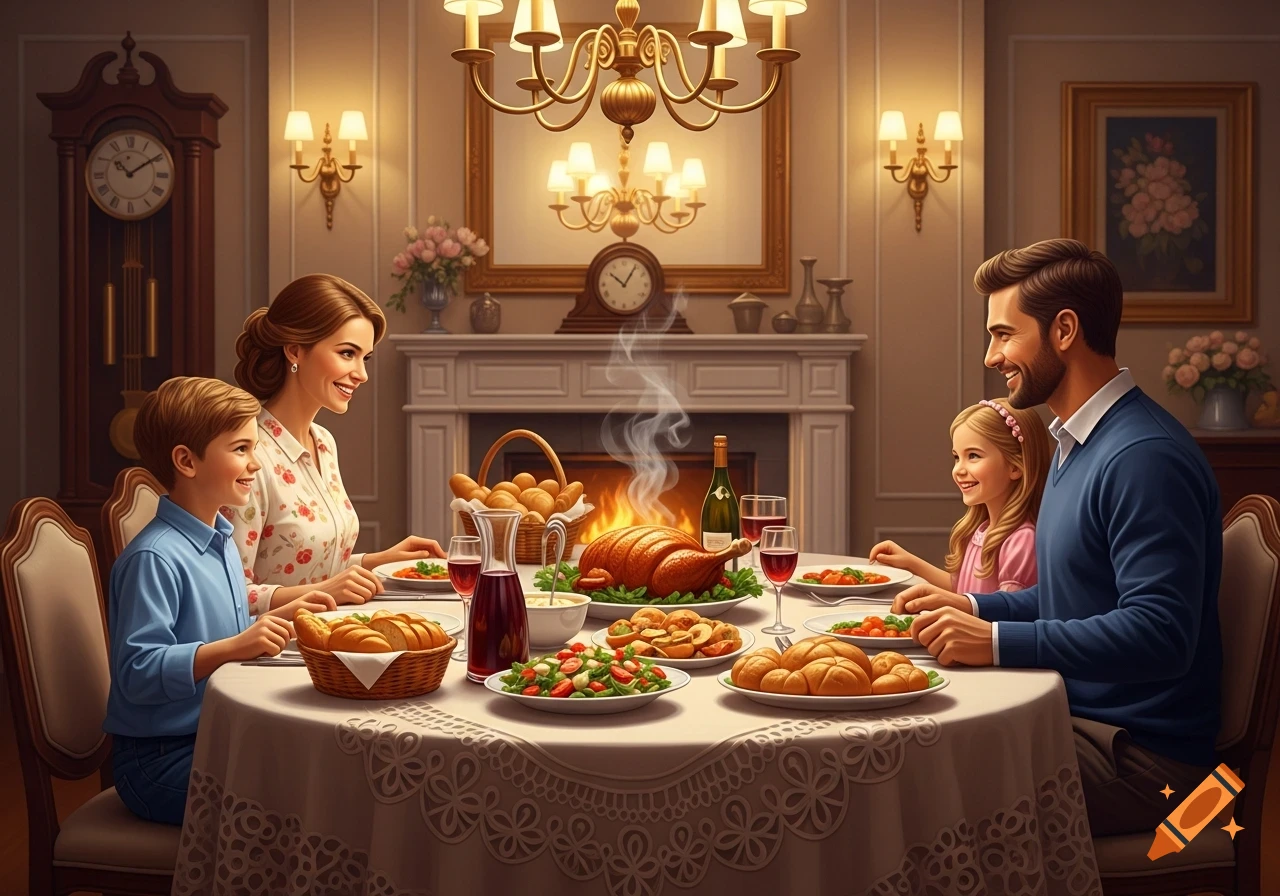 A smiling family, mother, father, son, and daughter, gather around a table laden with a roasted turkey and other food.