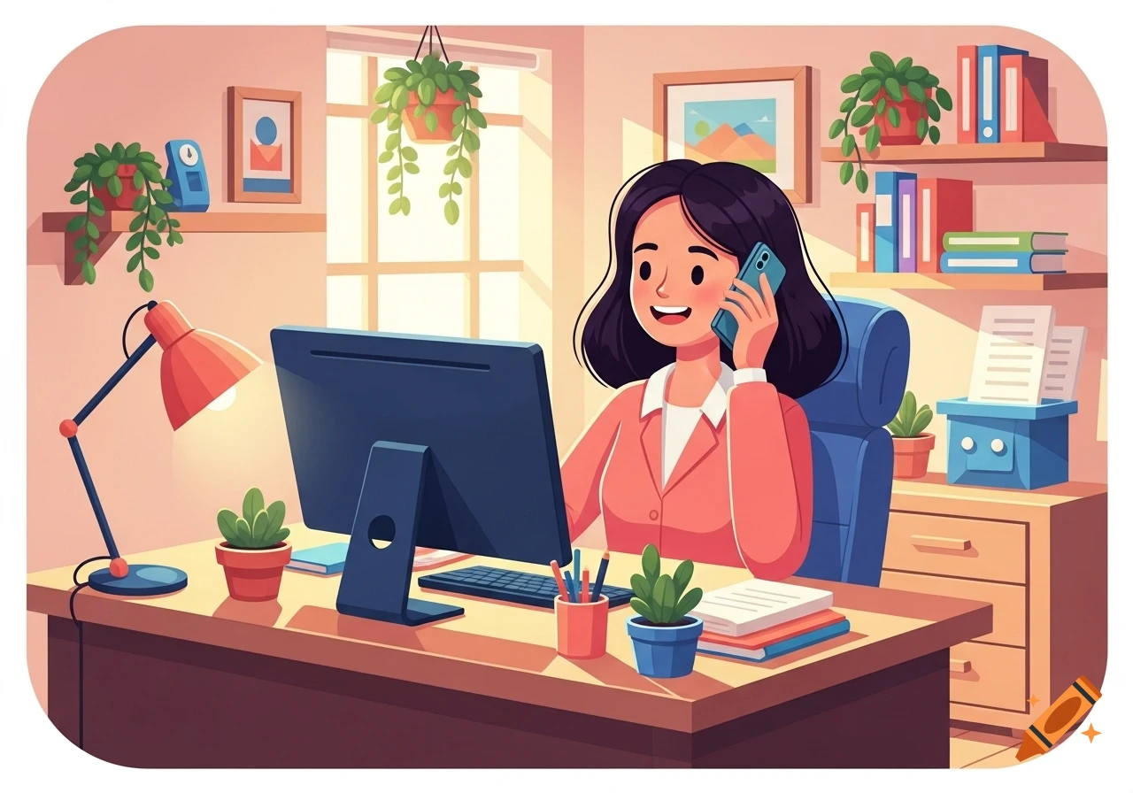 Cartoon woman smiling and talking on a smartphone at a computer desk in a cozy office.
