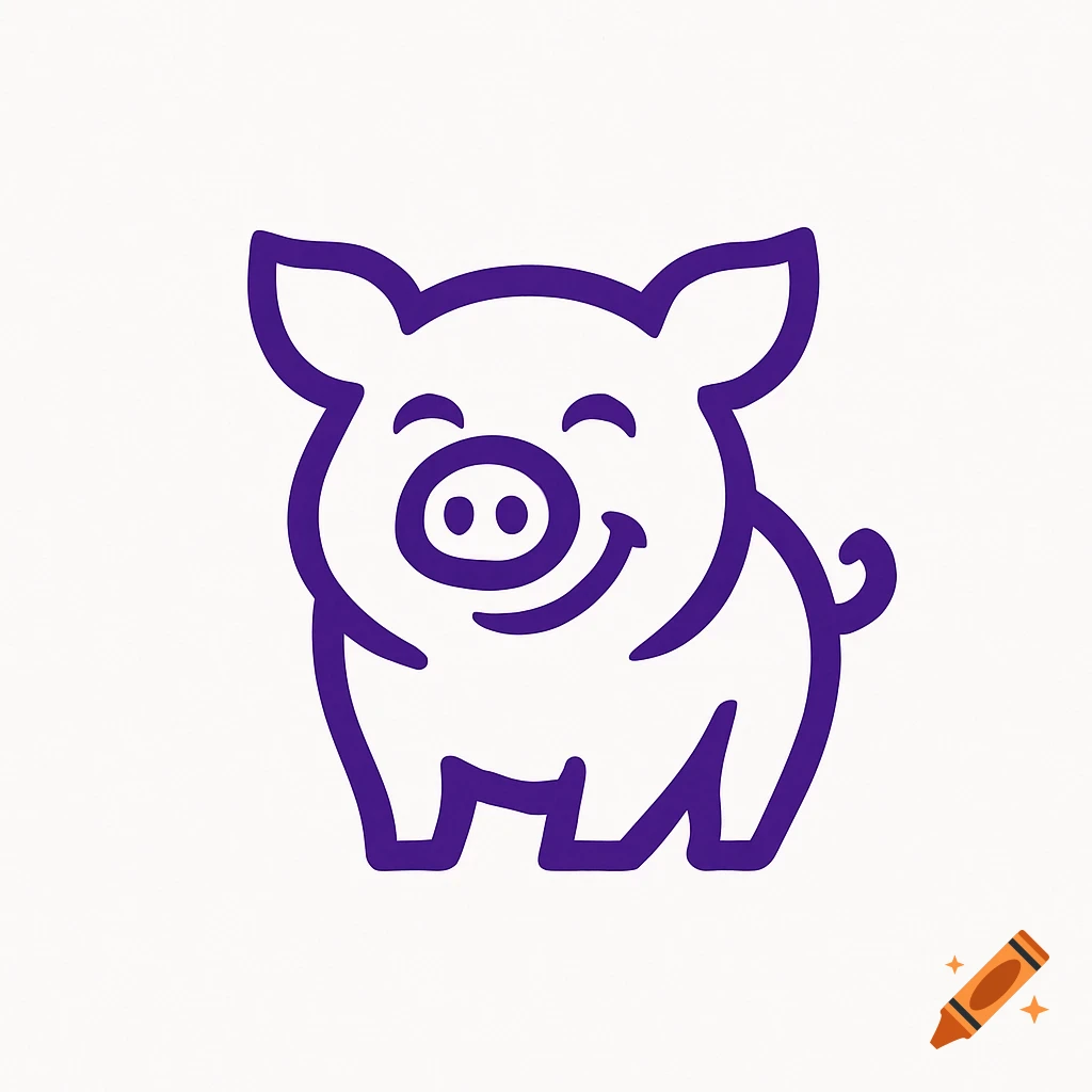 A modern minimalist purple pig logo with a smiling face, rendered in a clean vector style on a white background.