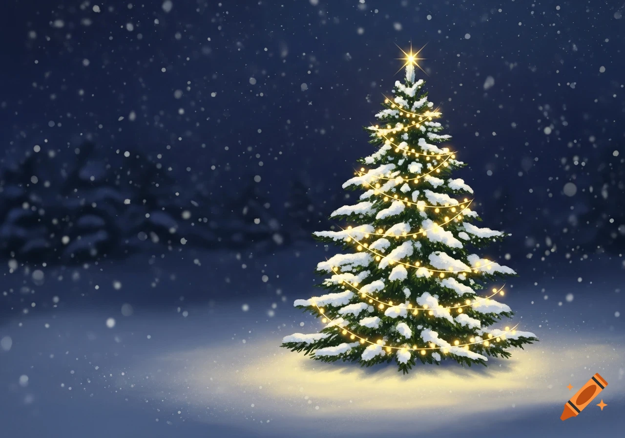 A snow-covered Christmas tree with golden string lights and a star, illuminated at night with falling snow.