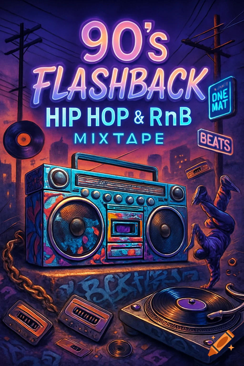 A vibrant retro poster for '90s Flashback Hip Hop & RnB Mixtape, featuring a colorful boombox, vinyl records, and a breakdancer in a city street at night, with neon lights.