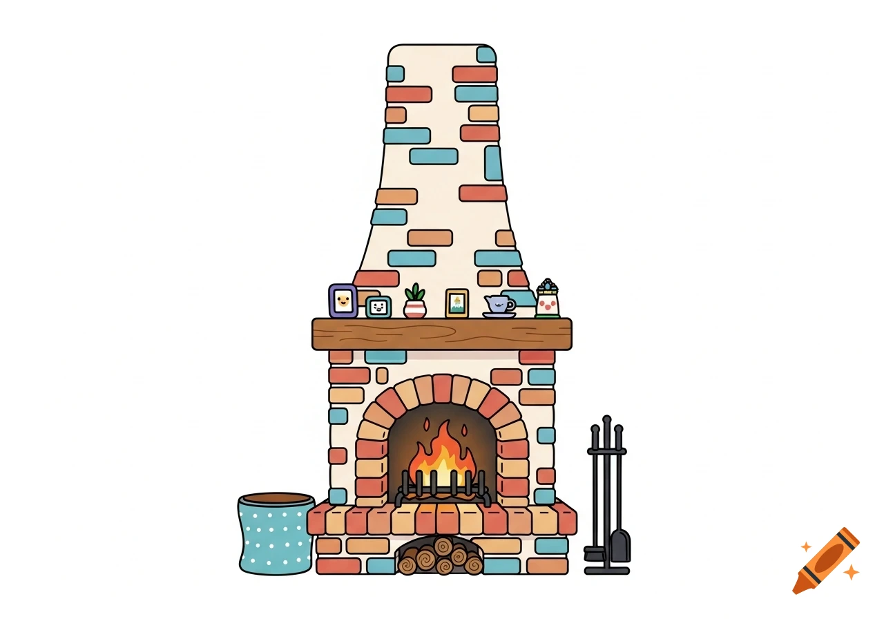 A colorful cartoon fireplace with a roaring fire, various items on the mantelpiece, a log basket, and fireplace tools.