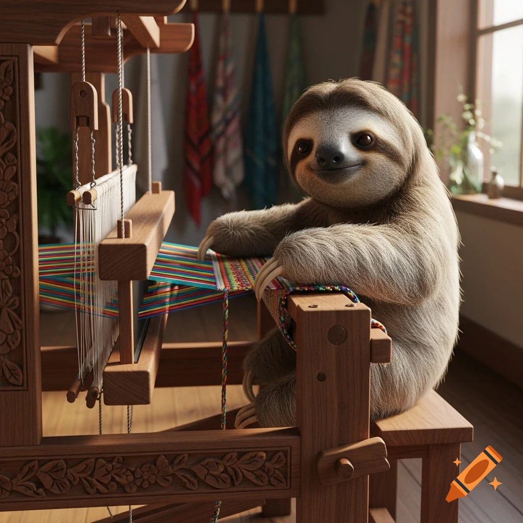 A friendly, cute photorealistic sloth sits at a traditional wooden loom, weaving colorful fabric threads.