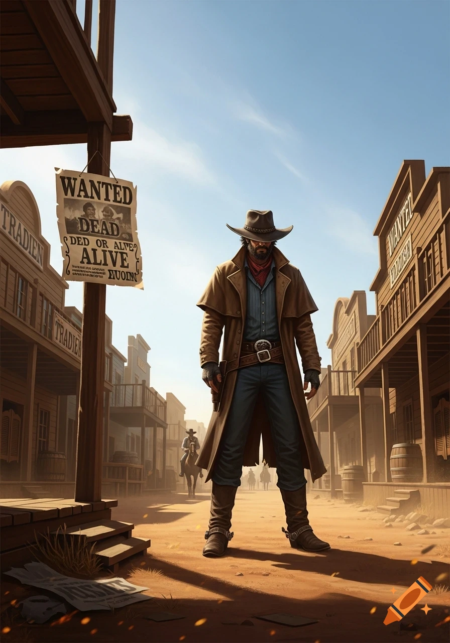 A lone cowboy in a long coat and hat stands in the middle of a dusty Wild West town street, with a Wanted poster on a pole to his left.
