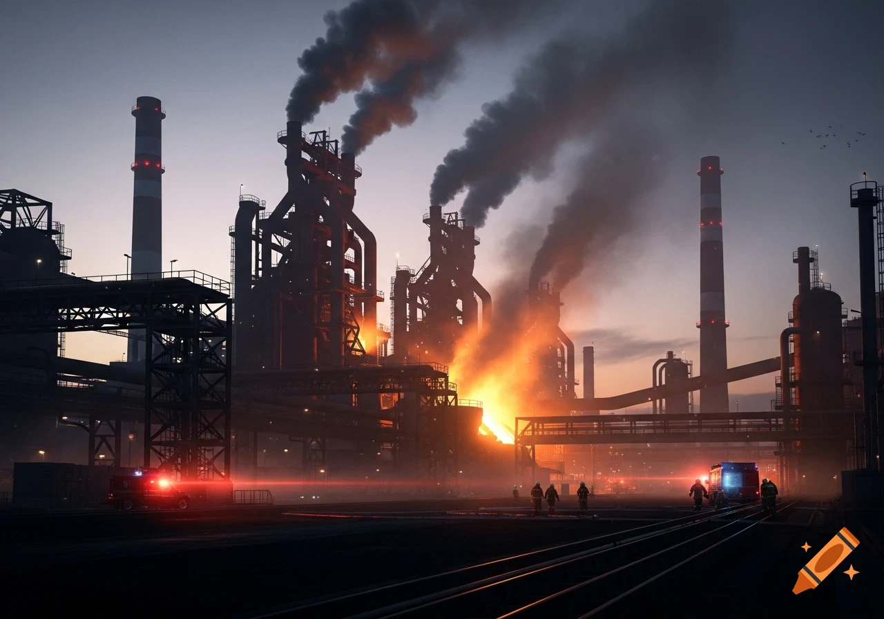 Photorealistic image of a large industrial factory, possibly a steel mill, with a massive fire and smoke at dusk. Emergency vehicles and personnel are on the scene.