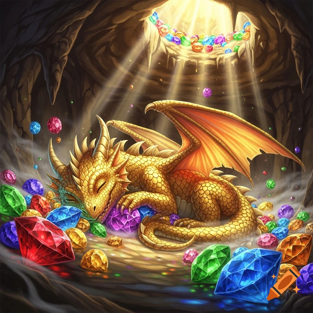 A small golden dragon sleeps peacefully amidst a vibrant hoard of colorful gemstones inside a cave, illuminated by a sunbeam.