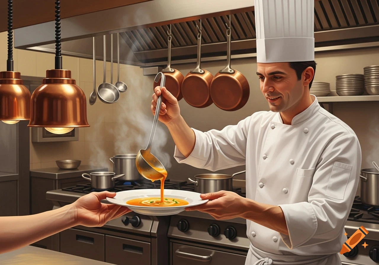 A smiling chef in a white uniform serves steaming soup from a ladle into a plate held by another person in a professional kitchen.